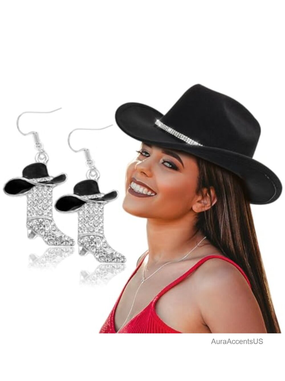 Cowboy Hat Rhinestone Band Boot Earrings Set Western Rodeo
